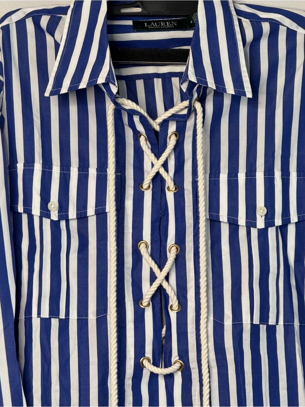 Lauren Ralph Lauren Tunic Cotton M Blue White Striped Lace Up Nautical Coastal - Picture 3 of 13